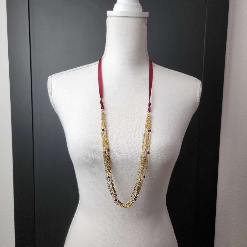 Bcbg Chain Gold Tone Necklace With Red Ribbon & Rhinestones